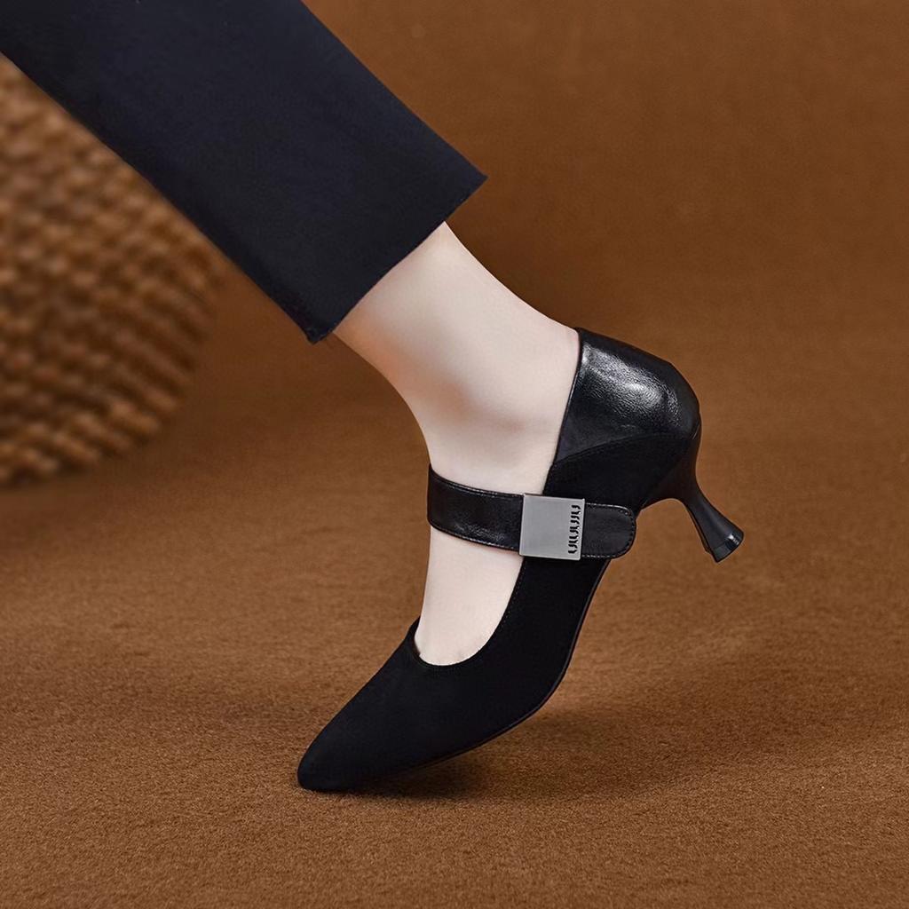 Pointed High Heels Women's 2025 Spring New European and American Style Simple Temperament Small Single Shoes One-word Buckle Shallow Mouth Fashion Sho