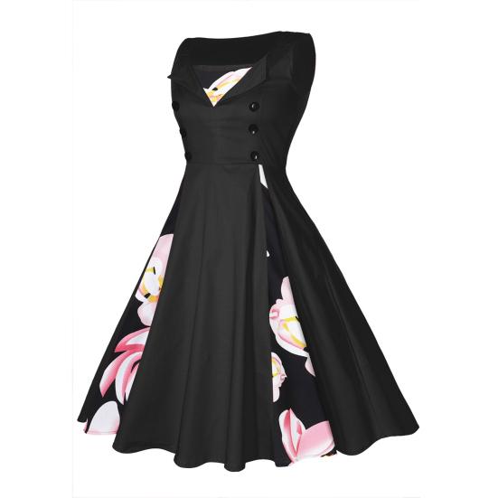 Kvinner Aftenkjole Blomstertrykk A-linje Stor Swing Stram midje Retro Patchwork Knapp Dekor Ermeløs Prom Party Elegant Midi-kjole