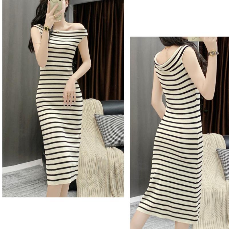 Women's Fashion Summer Spring Stripe Print Sleeveless One Shoulder Slim Casual Dresses