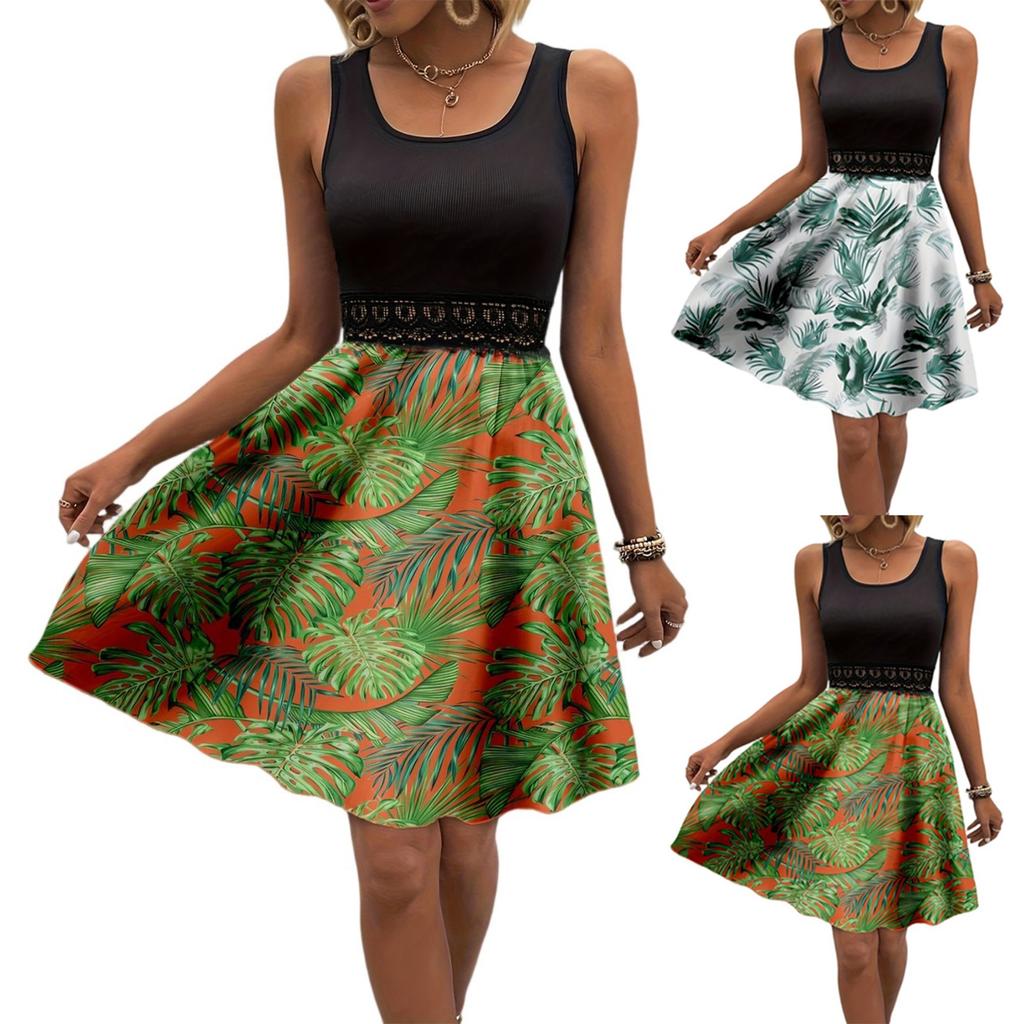 Women's Fashionable Retro Printed Color Blocked Vest Casual Dress