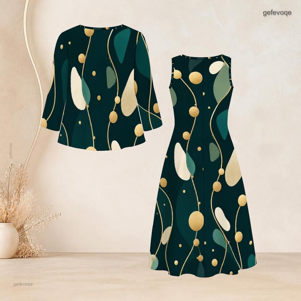 Women Plus Size Tie Neck Black Printed Two Piece Set Three Quarter Sleeve Cardigan Sleeveless Long Dress