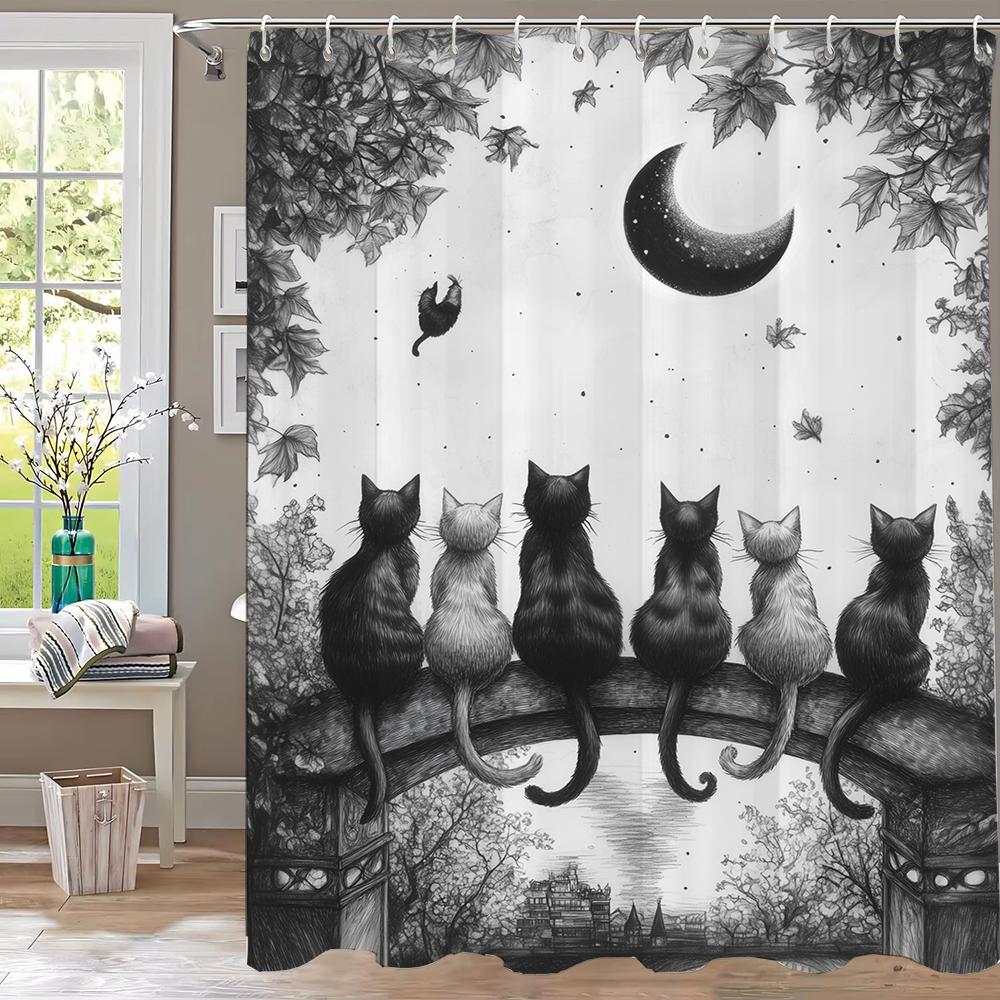Moderner Duschvorhang mit roten Rosen und schwarzer Katze, Dekorativer Badezimmer-Vorhang aus Polyester mit Blumendruck, Heimvorhang mit Haken