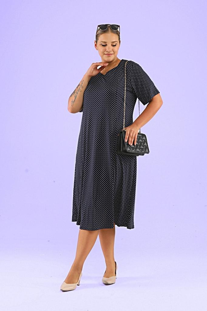 Women's Big Size Dress Midi Plus Size Dress Navy Blue with Polka Dots and Leopard Pattern
