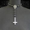 Rosary Necklace Gothic Inverted Cross Pendant Pagan Mysterious Silver Color Star Charm, Personality Neck Jewelry