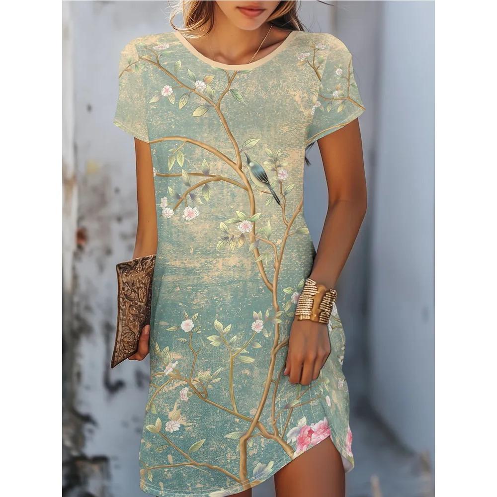 Blumen Retro Muster Damen Minikleider Sommer Kurzarm Bedruckt Große Größen Lässig Bequem Weiches Kleid