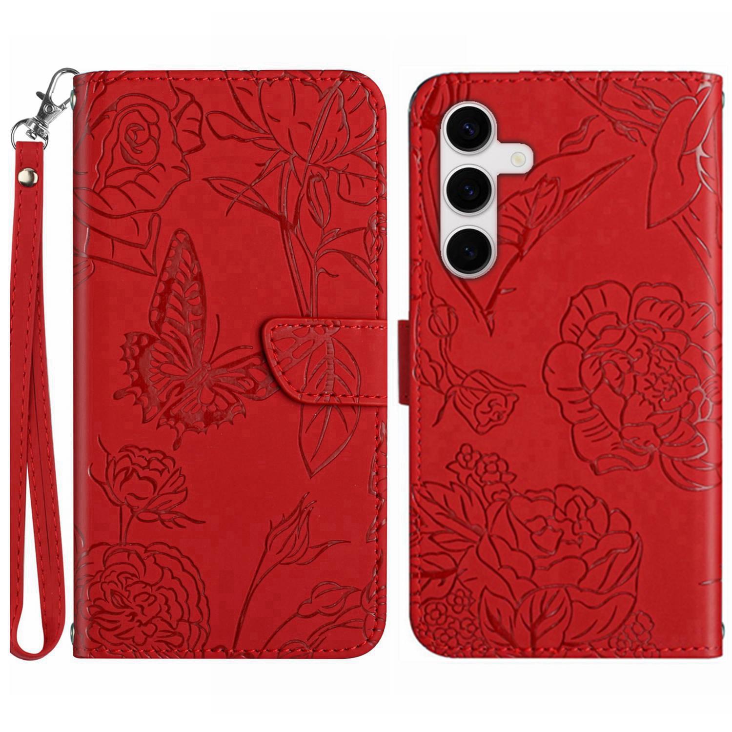 

Чехол для Samsung Galaxy S25 FE с ремешком на запястье, кожаный чехол для телефона с тиснением в виде бабочек и цветов Red