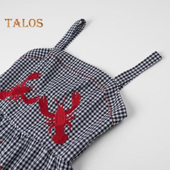 Sommerkleid für Damen, Hummer-Stickerei, ärmellos, kariert, quadratischer Ausschnitt, A-Linie, lockerer Saum, Patchwork, atmungsaktiv, weich, Urlaub, Strand, Midikleid