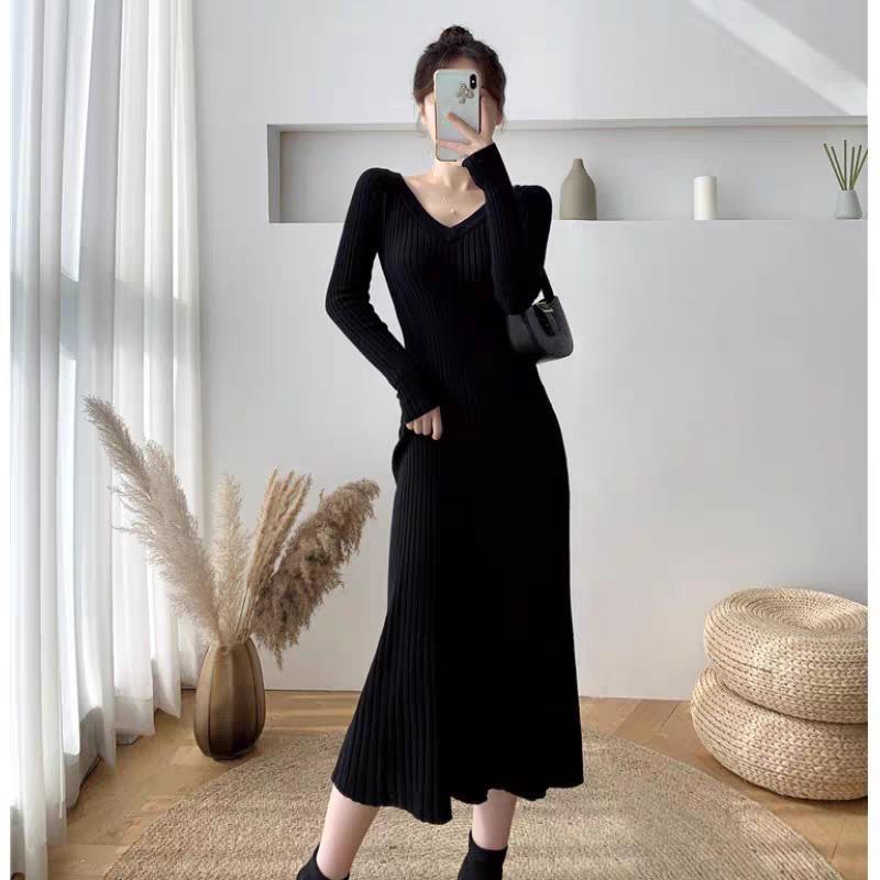 Versatile V-Neck Knitted Knee-Length Slim Dress for Women - Autumn & Winter Collection.