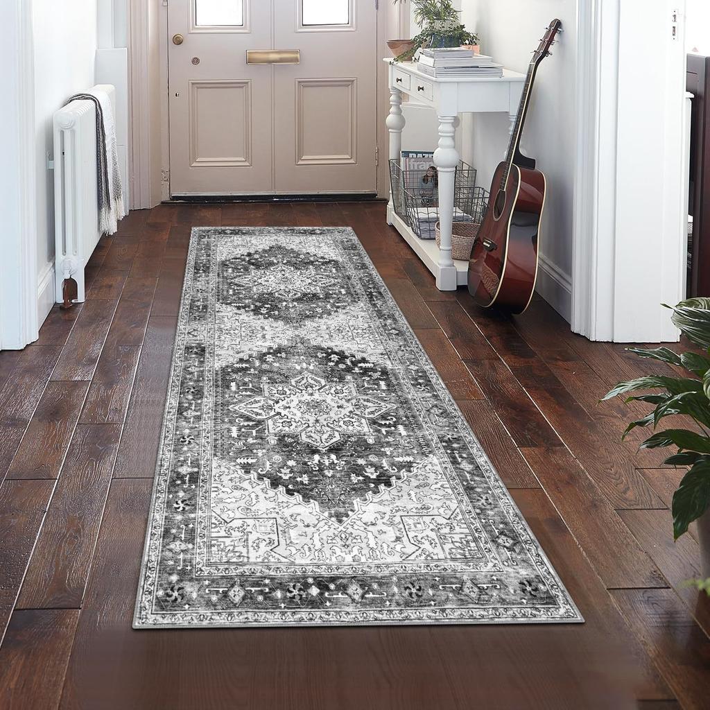 Vintage Green Medallion Runner Rug Hallway Carpet Non Slip Washable Floor Mat Kitchen Rug with Distressed Persian Design