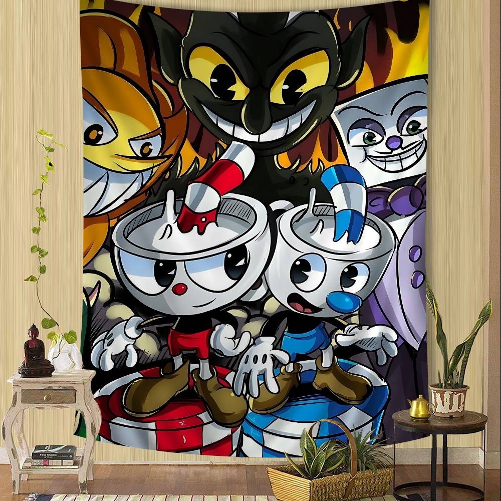 Anime Cuphead Cartoon Tapestry Art Printing Japanese Wall Tapestry Anime Wall Hanging Home Decor 74x94cm(29x37in)