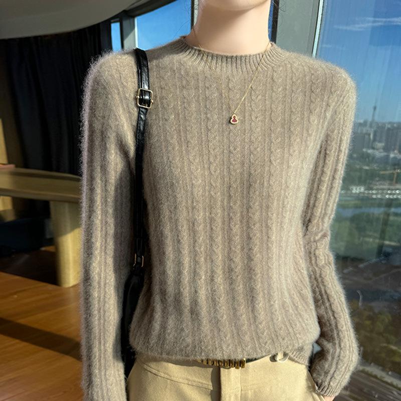 Women's Wool Cable Knit Sweater - Round Neck, Loose Fit, Versatile for Autumn/Winter