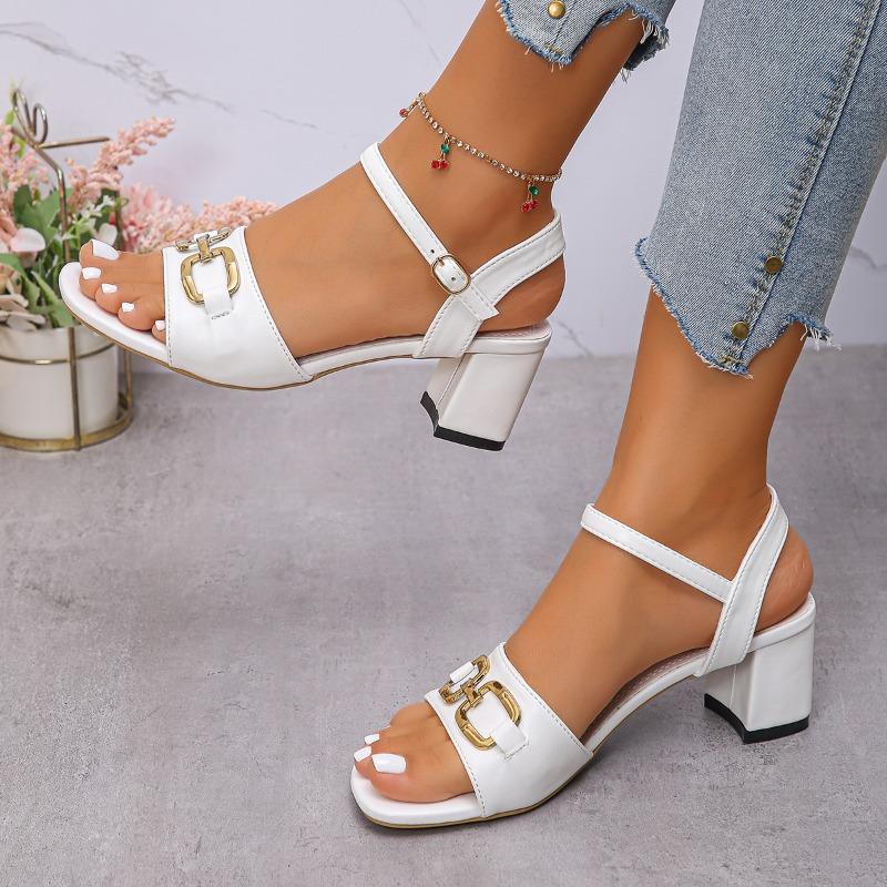 2025 Summer Korean Fashion Fish Mouth One Line Buckle High Heel Fashion Casual Large Metal Buckle Fairy Style Sandals Zapatillas