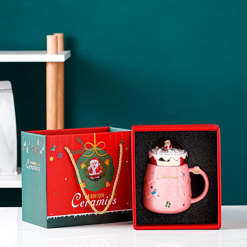 Santa Claus Ceramic Coffee Mug with Creative Snow Globe Lid Afternoon Tea Flower Tea Cup Home Breakfast Milk Mug Christmas Gift