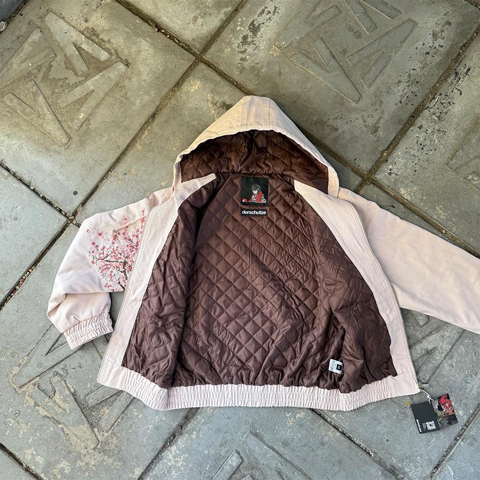Derschutze Men's Trendy Winter 2025 Cherry Blossom Embroidered Hooded Cotton Jacket