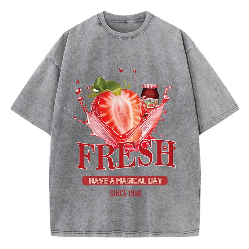 Cotton Womens Acid Wash T-Shirts Fresh Strawberriy Printing Tees Oversize Comfortable O-Neck Short Sleeve Casual Clothes