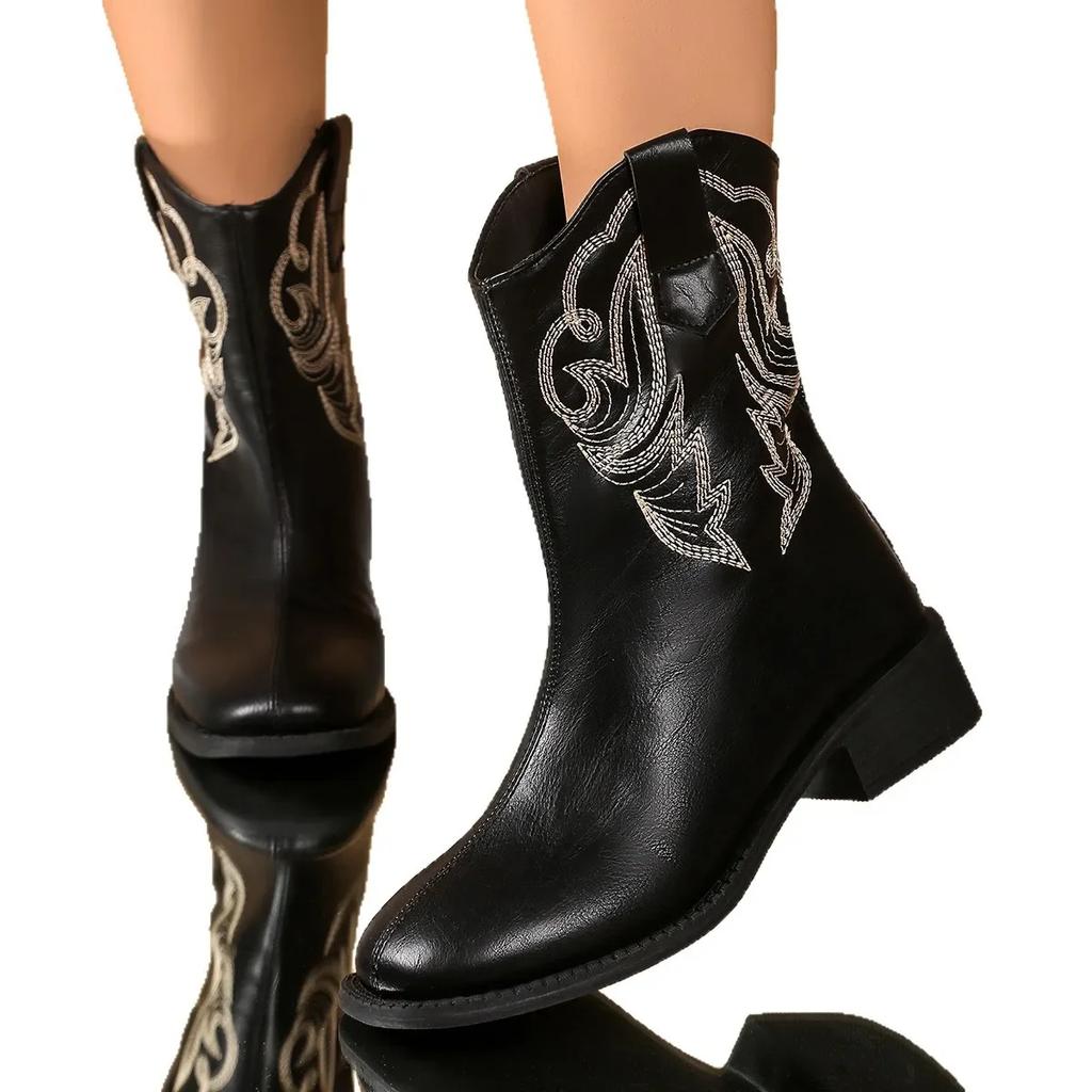 Fall Winter Short Embroidered Line Boots Women'S Large Size Thick Heel Medium Heel Leather Booties For Denim Jeans