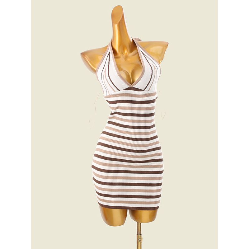 Foreign Trade Original Order Lace-up Hanging Neck Color Matching Hip Skirt Western Style Pure Desire Beauty Back Sexy Knitted Suspender Skirt