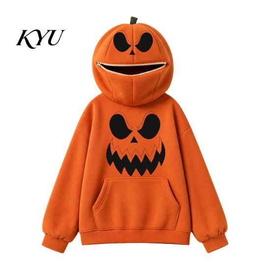 Holiday Party Apparel Women Oversized Halloween Pumpkin Hoodie, Fall Long Sleeve Hooded Casual Top Sweatshirt with Pocket, Jack-O-Lantern Costume