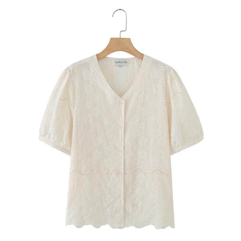 2026 Plus Size V-Neck Embroidered Cotton Short Sleeve Cardigan Shirt 3XL