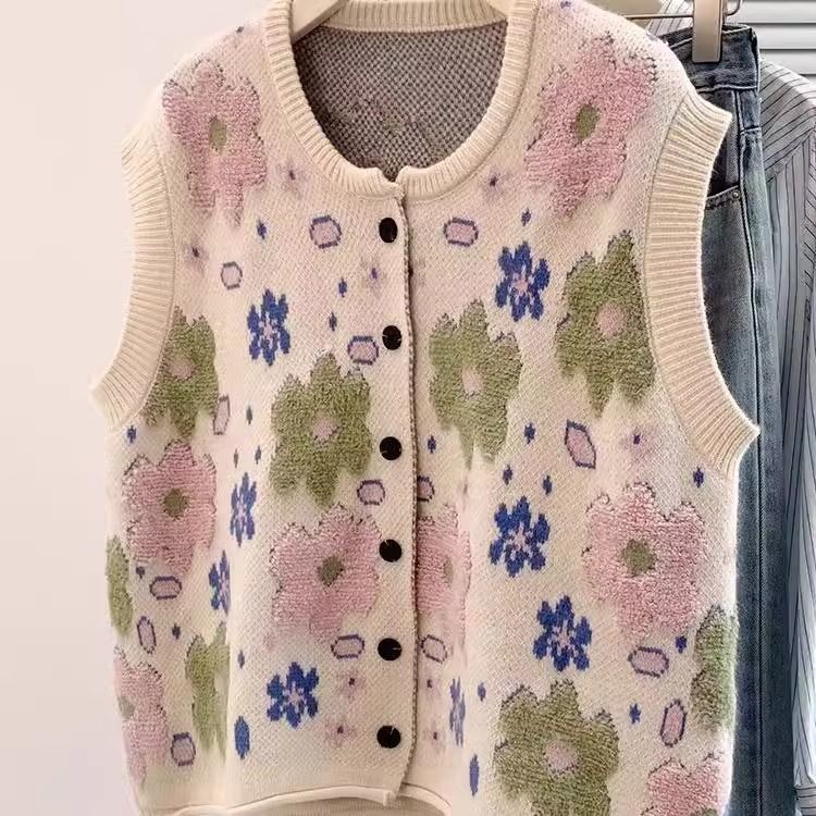 

Autumn Winter Women Knitted Vest Oversized 3D Flower Sleeveless Cardigan Coat Fashion Lazy Style Outerwear One Size бежевий