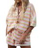 Striped Knit Collar Shirt Shorts Set Stripes Knitted Lapel Shirt Shorts Suit