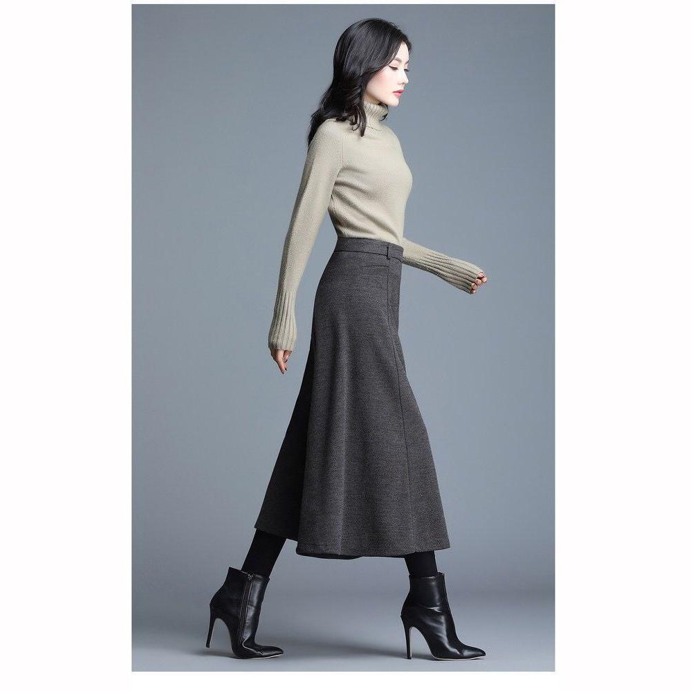 Autumn Winter Women's Woolen Pants Solid Pocket Elastic High Waist Fashion Elegant Loose Wide Leg Ankle Length Trousers