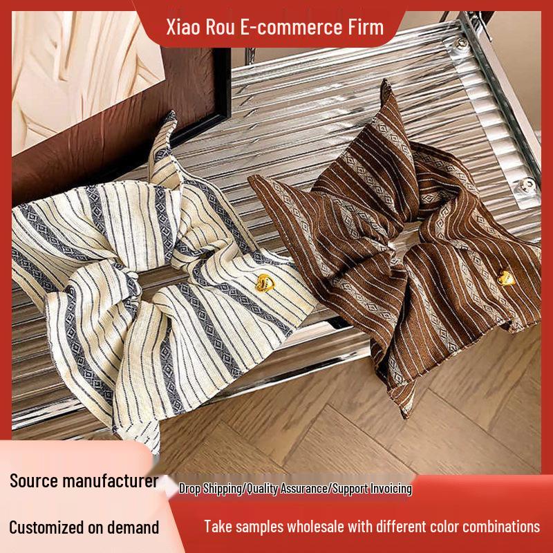 2025 Retro Striped Square Scrunchie with Korean Bow