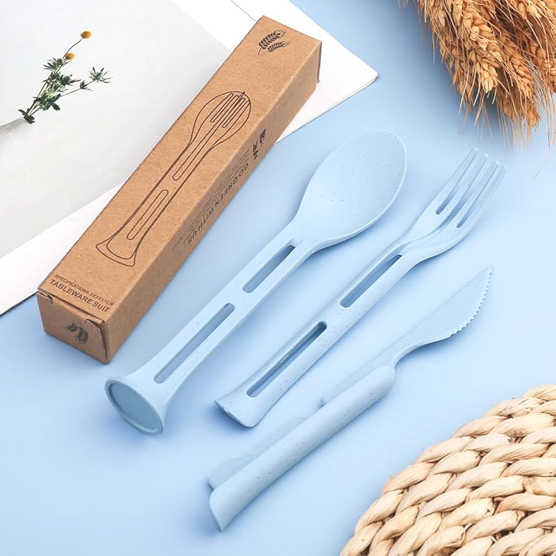 3PCS Wheat Straw Cutlery, Reusable Utensils Set Portable Travel 3 in 1 Spoon Fork Knife Tableware, Eco-Friendly, BPA Free, Flatware for Kids Adults,