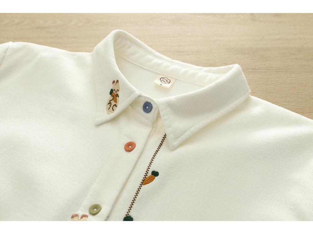 Women's Warm Autumn/Winter Velvet Shirt with Artistic Rabbit & Radish Embroidery