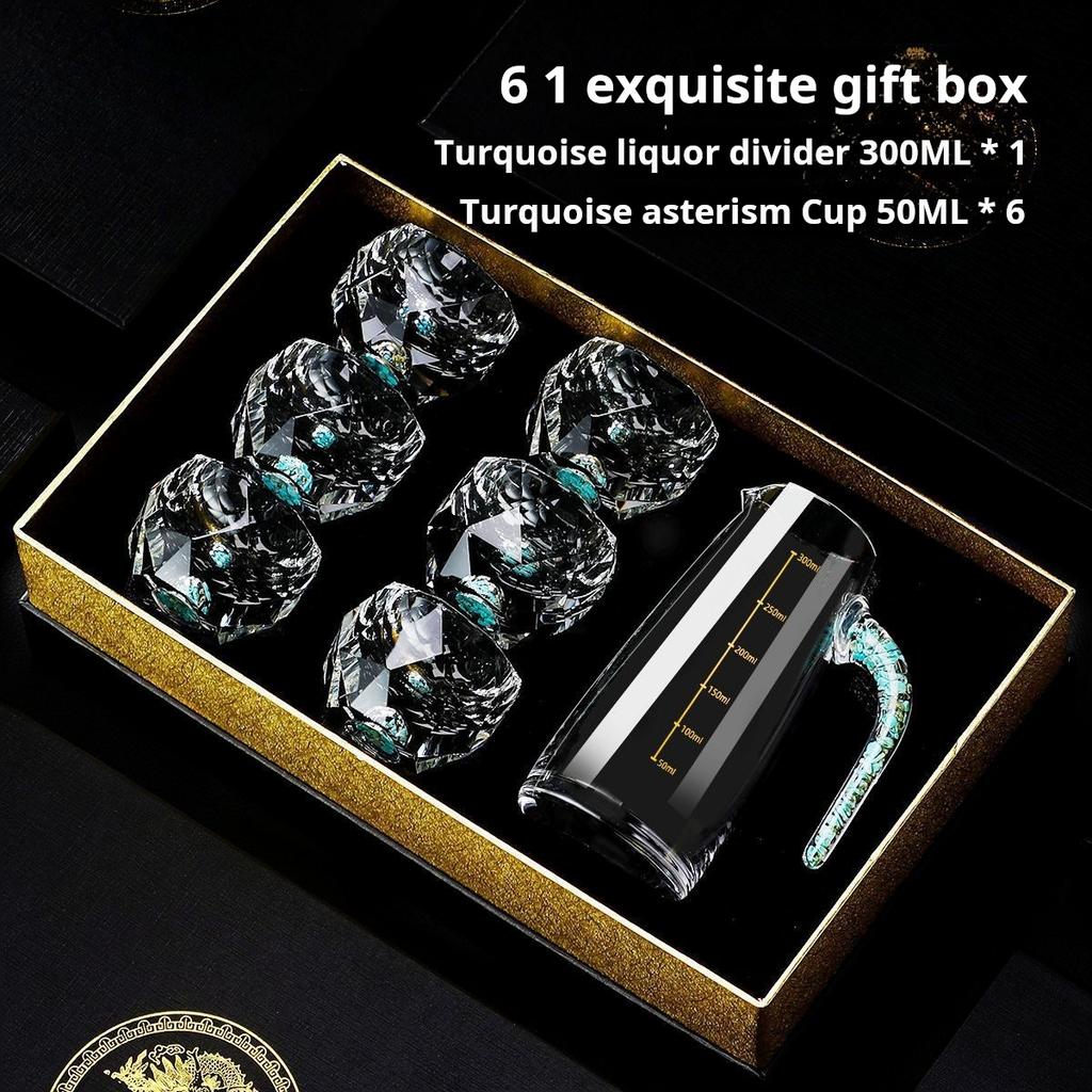 Light luxury turquoise wine cup Diamond cut crystal wine set Gold foil Star Cup Creative teacup Heat resistant birthday gift box