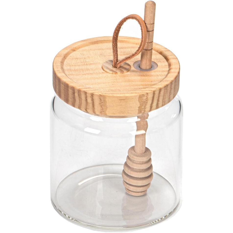 Honey Pot Airtight Glass Honey Jars with Dipper Stick and Wooden Lid, Honey Bottle Containers for Storing Honey, Honey Holder for Home Kitchen