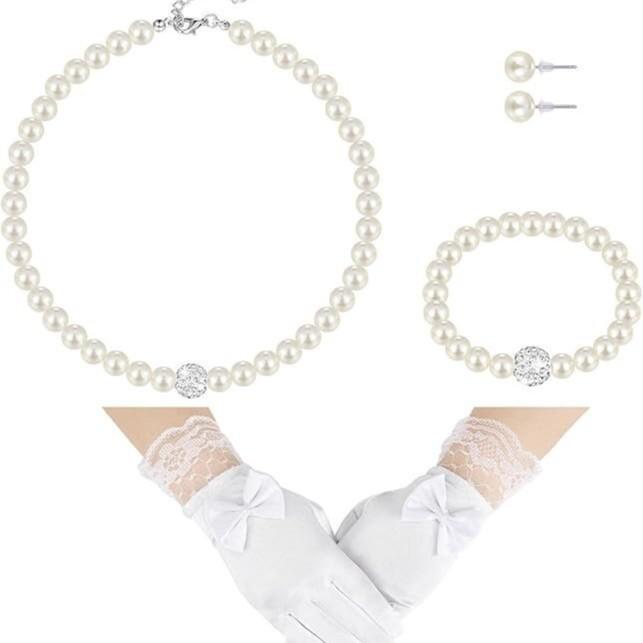 Childrens Artificial Pearl Necklace Set With Satin Gloves And Butterfly Bow Design For Stylish Casual Wear