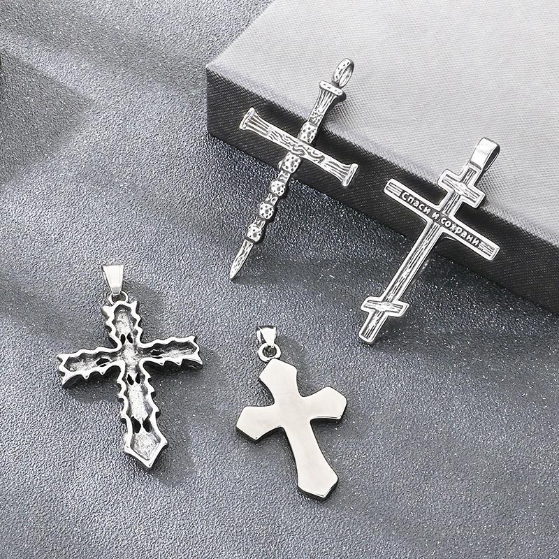 Stainless Steel Cross Pendant Necklace for Men Vintage Jesus Crucifix Carved Cross Necklaces Gothic Punk Religious Jewelry Gift