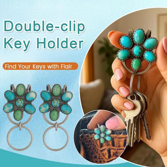 Turquoise Inlaid Bag Clip Key Holder Bohemian Style Flower Design Key Finder Car Keychain Hook Purse Accessories
