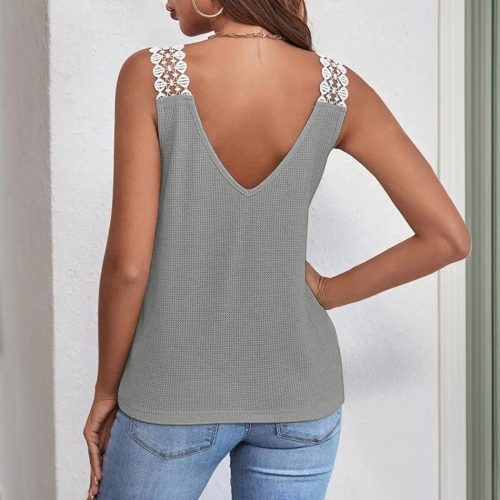 Fashionable Women's Solid Color Casual Lace  Stitching Vest T-shirt Top