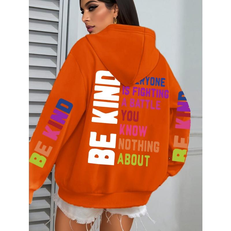 Be Kind Hoodies Women Letter Prints Winter Warm Hooded Street Pocket Loose Sweatshirts Casual All-match Woman Clothes