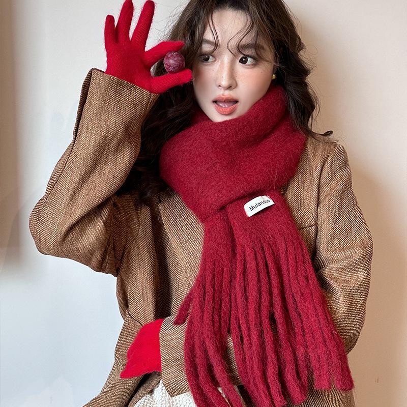 Ancola Red Mohair Wool-Blend Scarf: Women's High-End Korean Style Winter Shawl