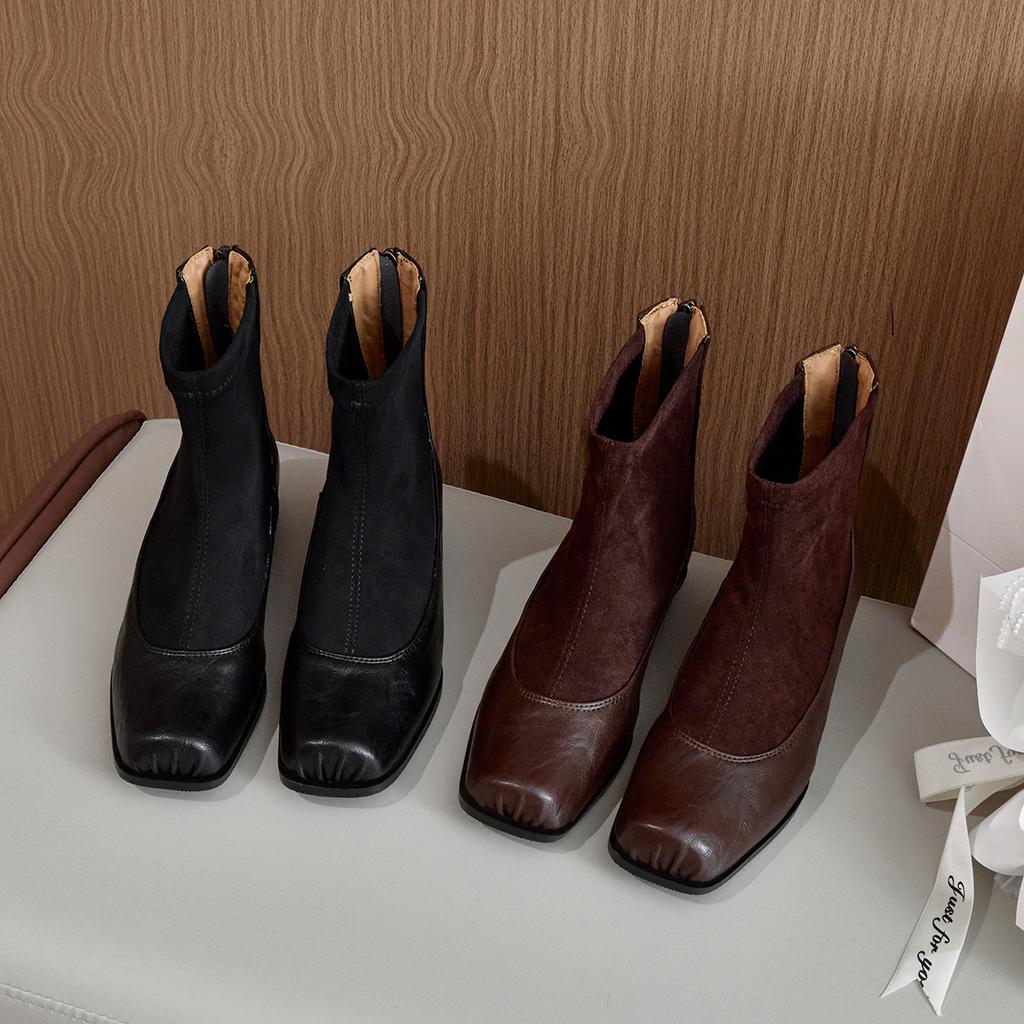 Ballet women's boots pig nose short boots leather single boots 2025 autumn and winter thin boots retro square head ballet shoes