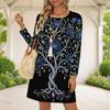 Women Plus Size Long Sleeve Round Neck A Line Black Golden Floral Printed Dress