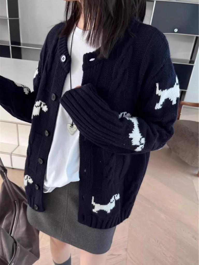 Autumn 2025 Women's Wool Jacquard Puppy Cardigan - Versatile Thick Cable Knit Sweater Coat