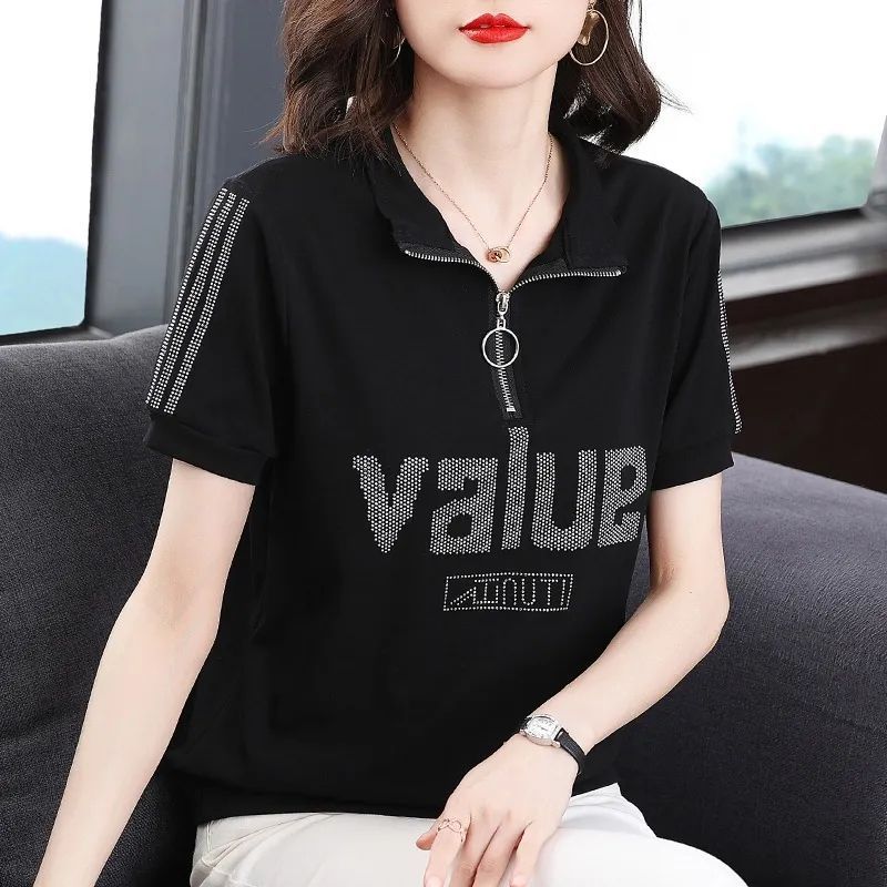 

Hot Diamond Zipper Lapel Short Sleeve T-Shirt Women s Summer 2025 New Loose Large Size T-Shirt Shirt Top M чёрный