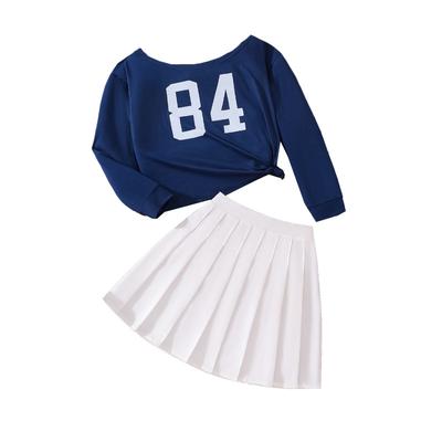 Girls' Autumn New Loose Hot Girl Asymmetrical Shoulder Long Sleeve T-Shirt Casual Pleated Skirt Two-Piece Set