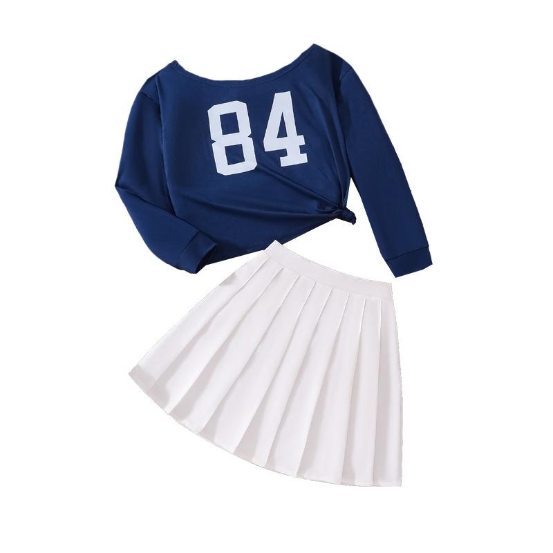 Flickors Höst Ny Lös Hot Girl Asymmetrisk Axel Långärmad T-shirt Casual Plisserad Kjol Tvådelat Set