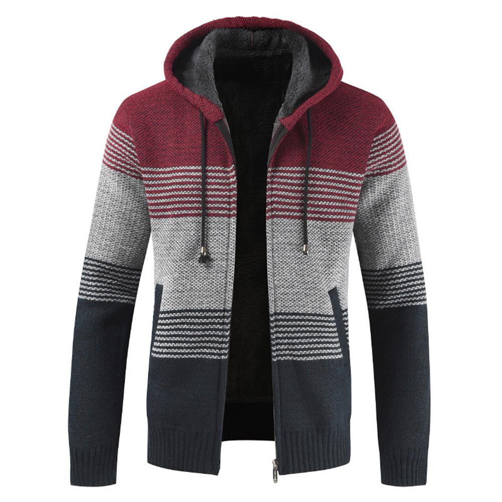 Western Men Gentleman Color Block Stripes Pockets Zip Thick Warm Fleece Coat Knitted Jacket