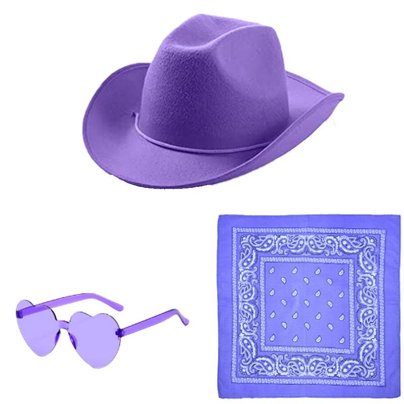Pink Cowboy Hat, Black & White Scarf, Denim Hat Three-Piece Set