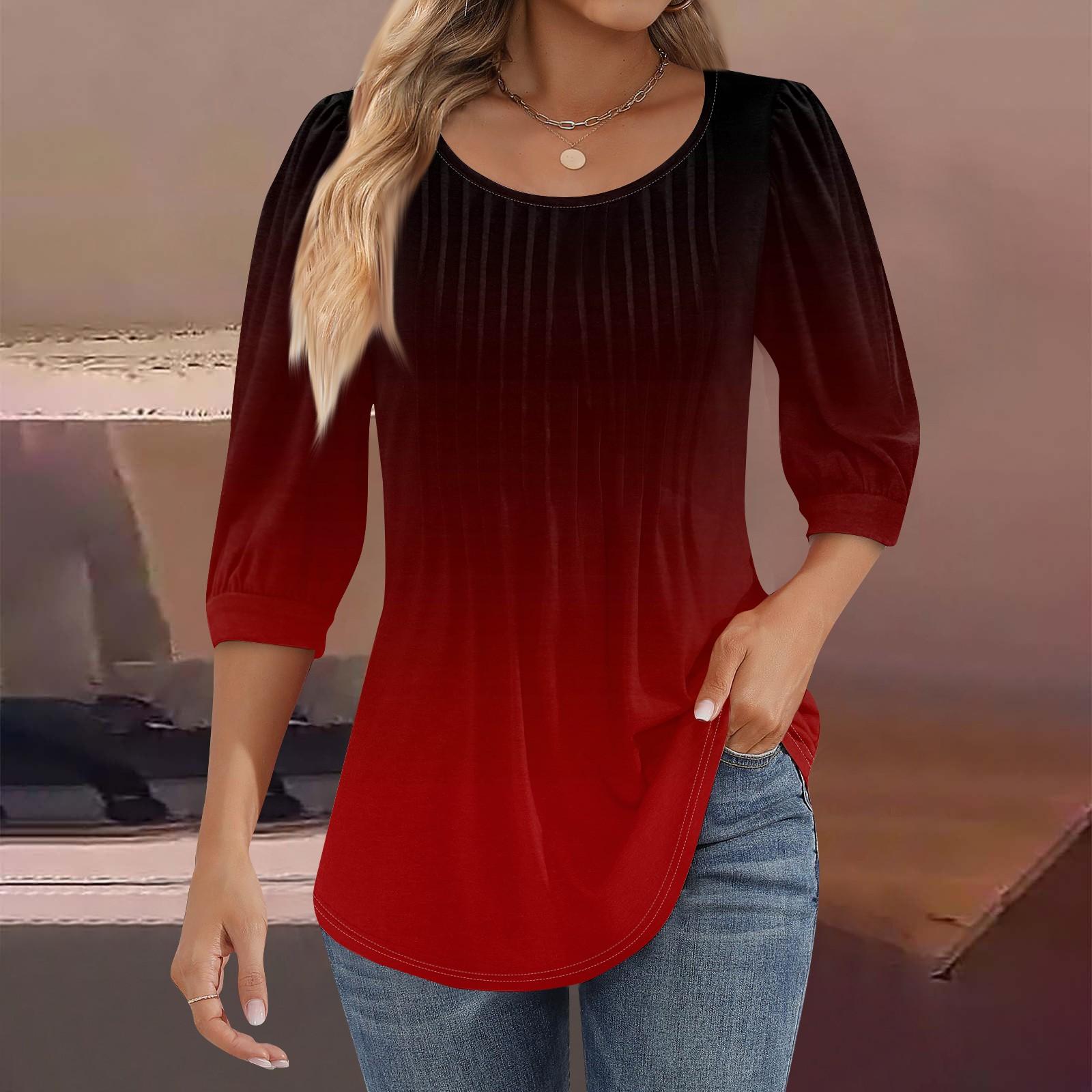 

Жіночі туніки з рукавами 3/4 і плісировані блузки Повсякденні вільні весняно-літні футболки XL винний