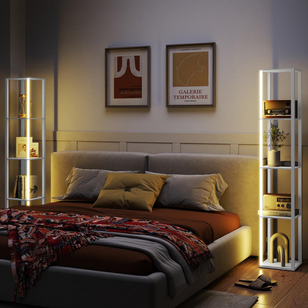RGB LED Floor Lamp with Shelves, Modern Dimmable Standing Lamp with Remote Control, Adjustable Brightness & Speed for Living Room, Bedroom, Office