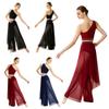 Women Dancewear Ruched Mesh One Shoulder Rhinestone Crop Top with Irregular Overlay Pants Built-in Shorts for Lyrical Performance