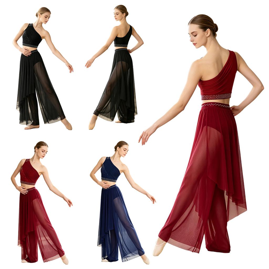 Abbigliamento da Danza da Donna Crop Top Asimmetrico con Strato Superiore e Strass, Monospalla in Rete Arricciata, con Pantaloncini Integrati per Performance Lirica