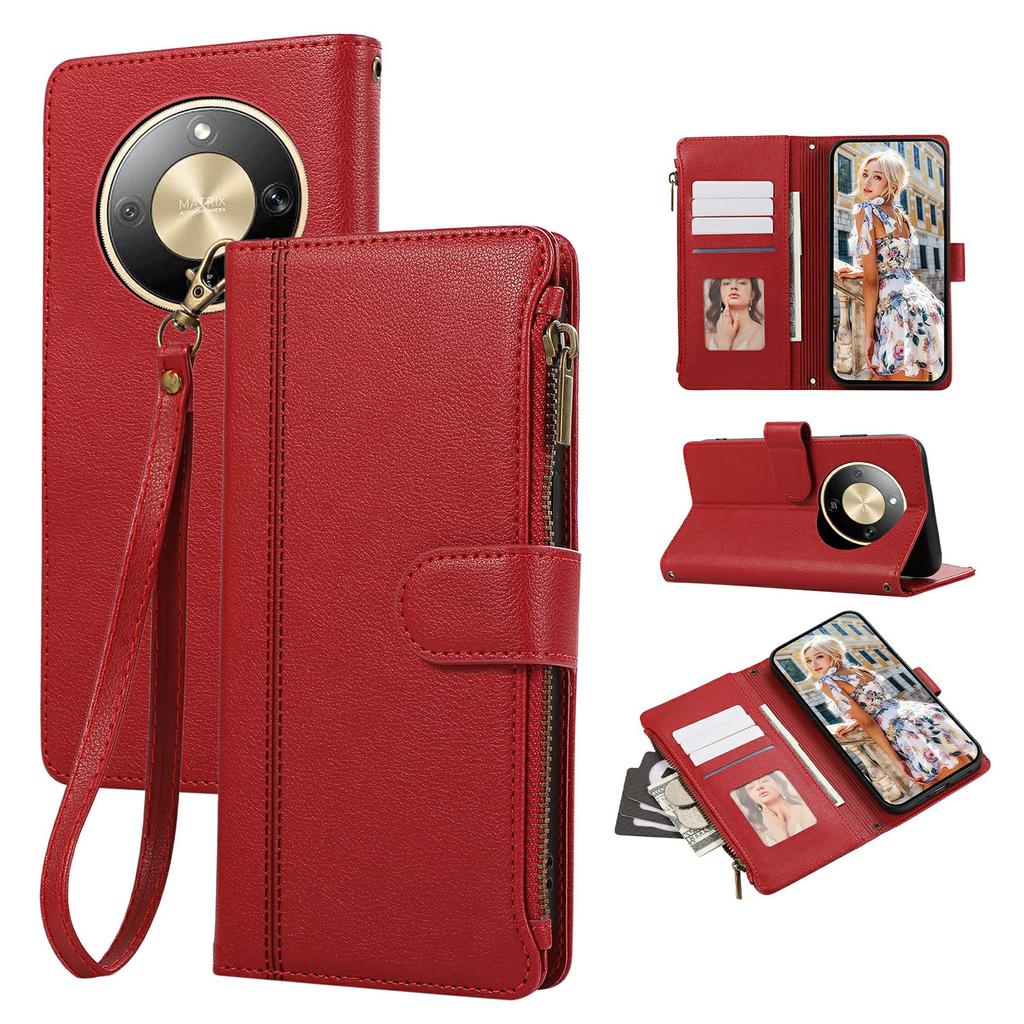 Phone Case For Honor Magic8 Lite 5G / X9d 5G / X70 5G Multi Card Slots Zipper Leather Phone Cover with Wrist Strap